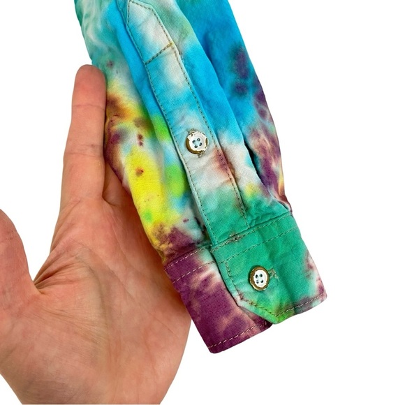 Madewell Tie Dye Crop Button Down Shirt Womens Size XS Top Handmade Blue Multi - Picture 8 of 13